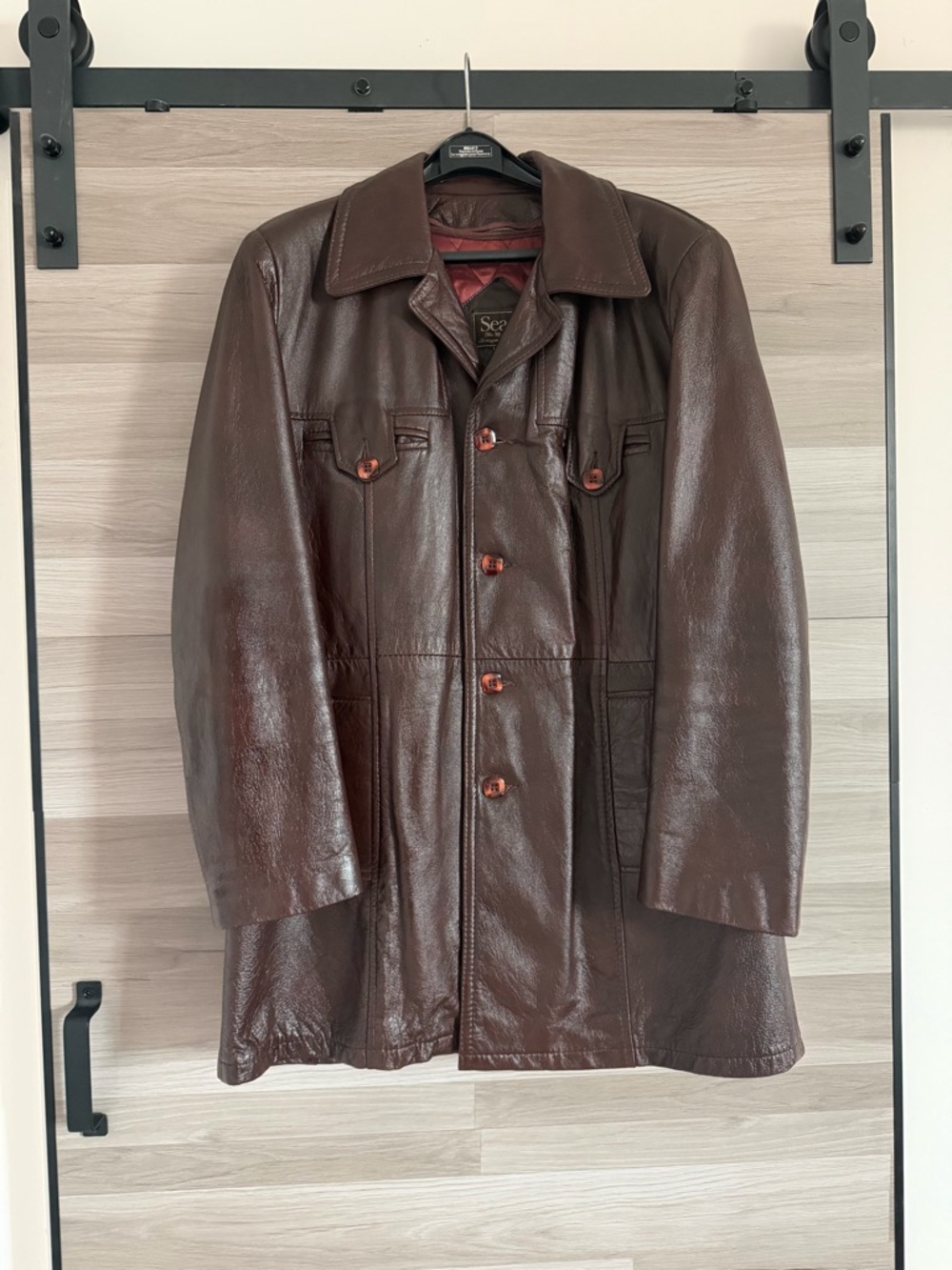 Vintage 1970s Sears The Men's Store Brown Leather Trench Coat w/ Quilted Lining